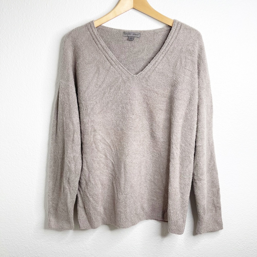 Barefoot Dreams CozyChic Lite V-Neck Sweater Taupe Neutral‎ Womens Large